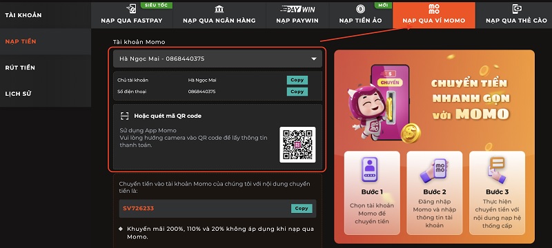 Nạp tiền bằng ví momo