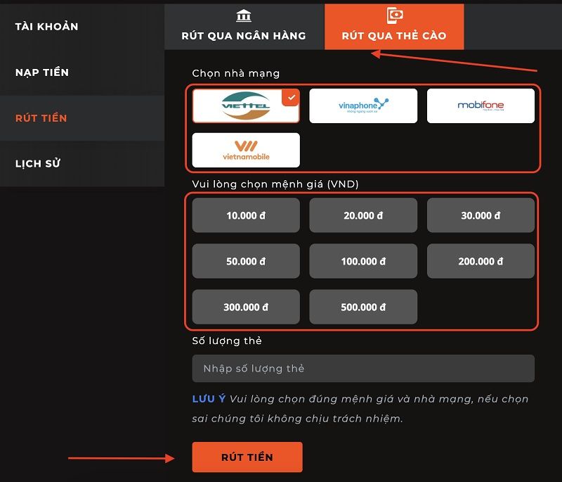 Rút tiền qua thẻ cào